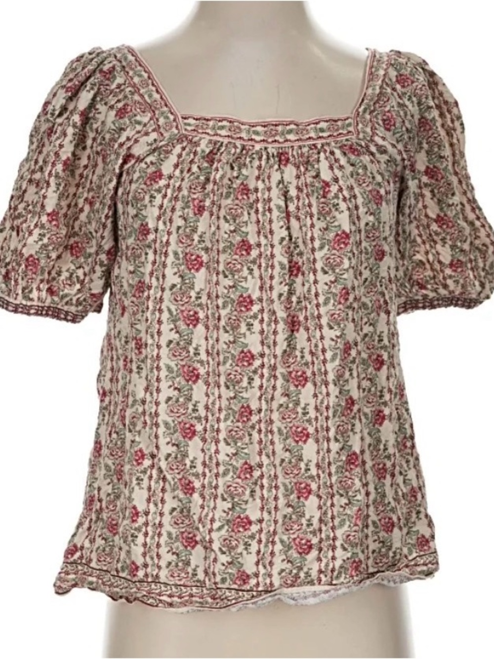 Max Studio Cream Floral Square-Neck Puff Sleeve Blouse